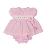 J13841: Baby Girls Pink Smocked Dress, Pant & Headband Set (NB-6 Months)